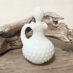 3/$35 ✨️ Vintage Avon Milk Glass Oil Jug – Ornate Bubble Design